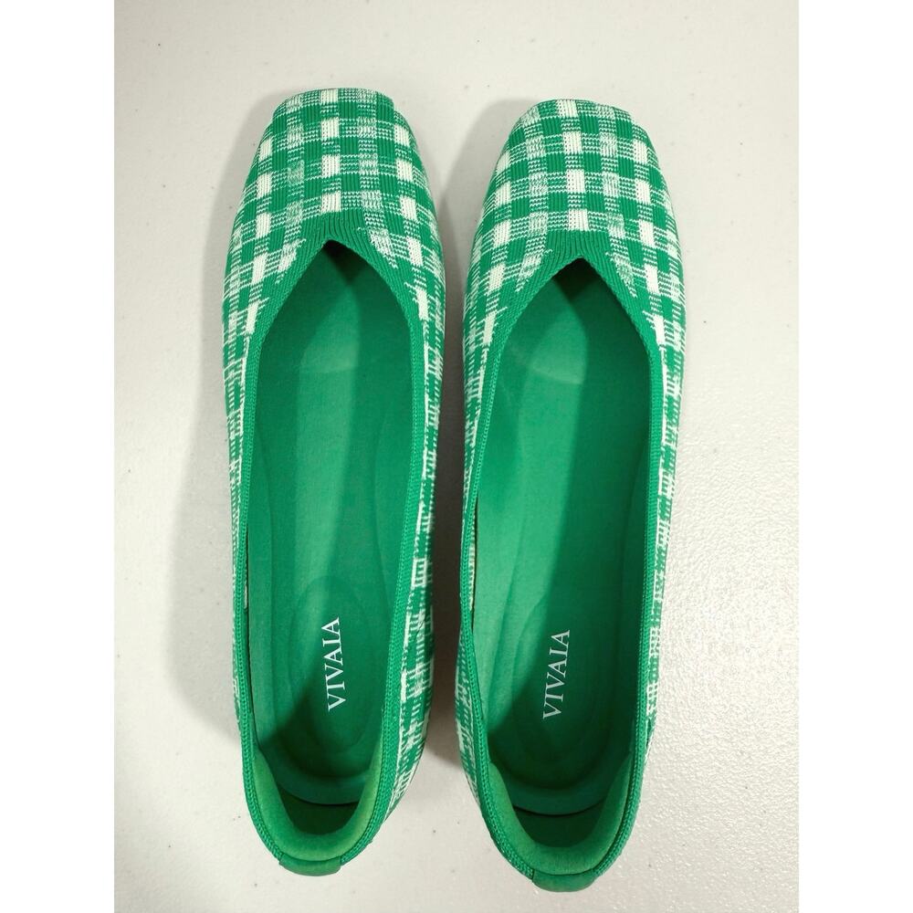 VIVAIA Square Toe V-Cut Knit Ballet Flats Green Gingham Women’s EU 39.5 US 8.5 - Picture 5 of 12